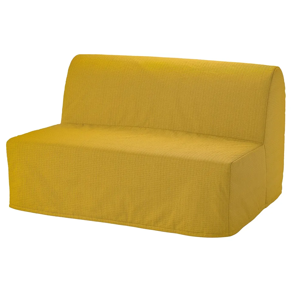 Imaging a vibrant yellow convertible sofa, modern & cosy, ideal for small spaces, with a rectangular shape & smooth fabric.