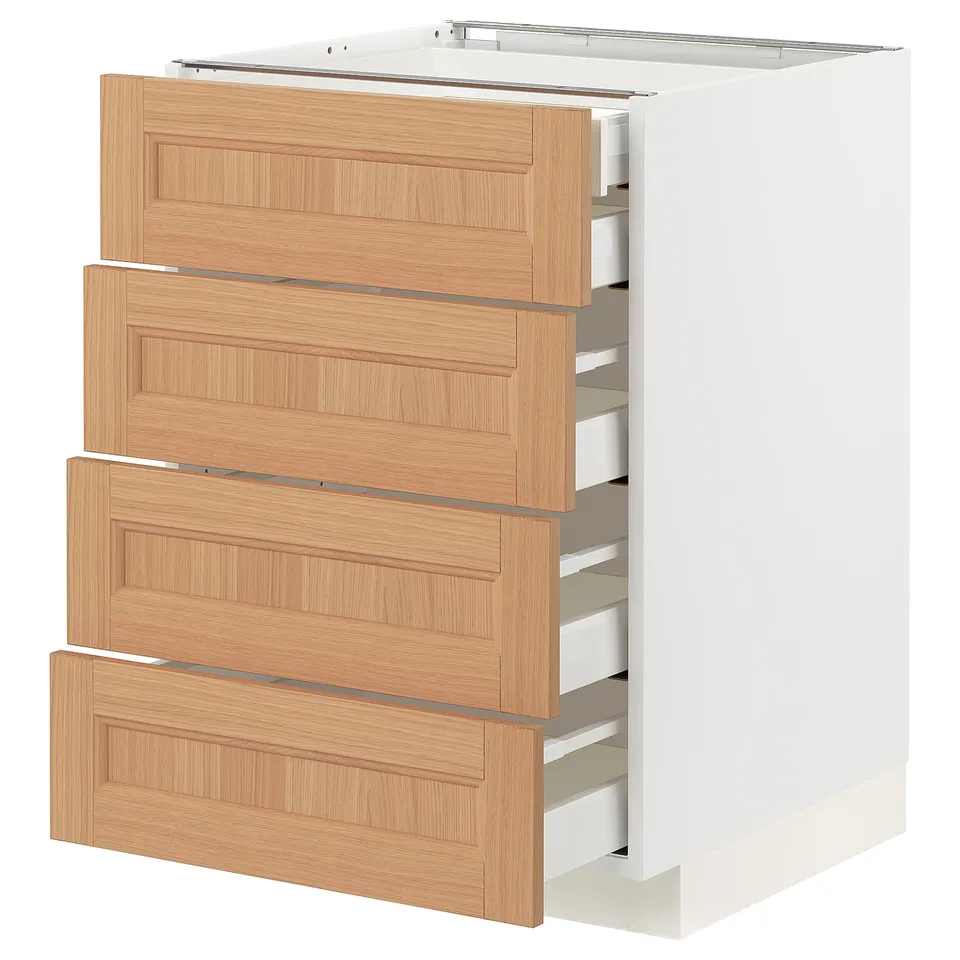 Modern kitchen cabinet, white with oak drawers, four pull-out drawers, sleek design.