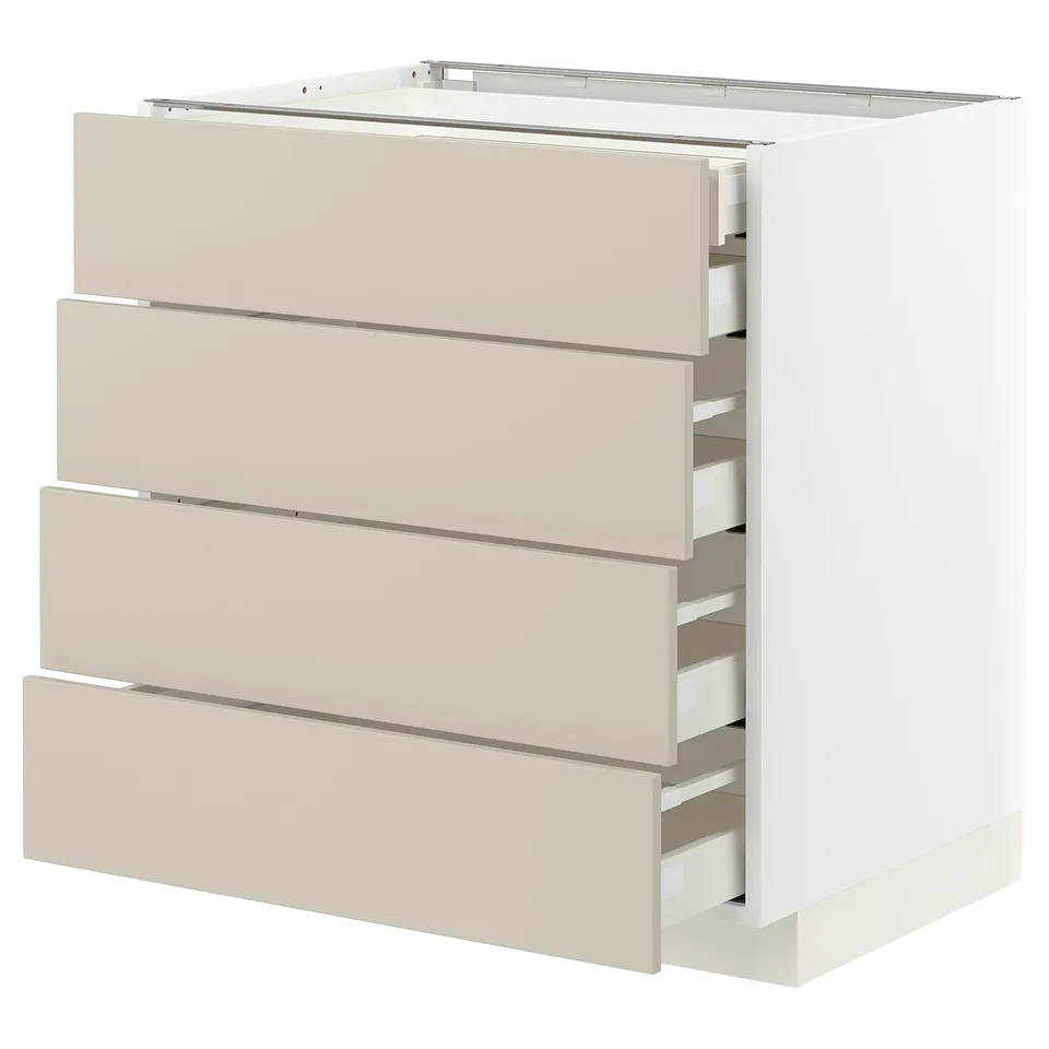 Beige METOD kitchen cabinet with four smooth drawers, square, modern design.