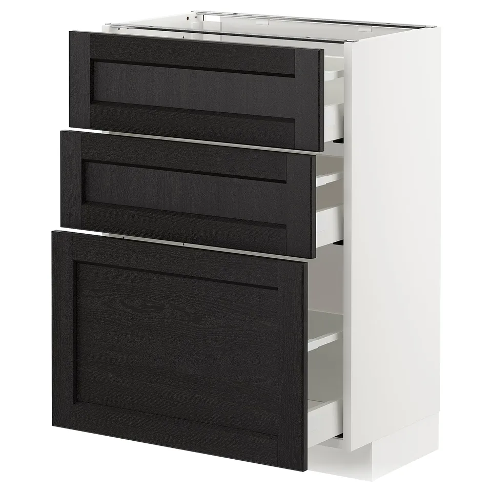 Modern kitchen unit: three dark wood drawers, white frame, sleek design.
