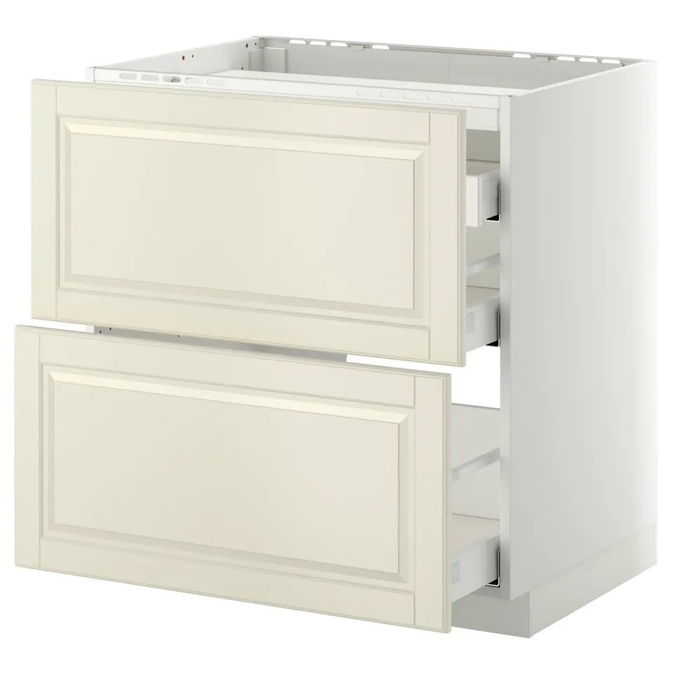 METOD kitchen base cabinet with off-white bodbyn drawers, three bevelled edge drawers.
