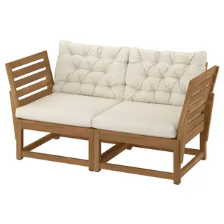 NÄMMARÖ 2-seat sofa, outdoor with armrest/light brown stained Kuddarna light grey-beige, 147 cm