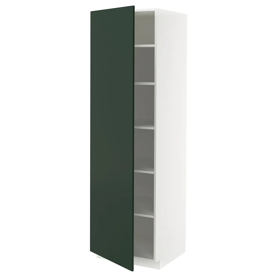 White modern cabinet with green door, adjustable shelves.