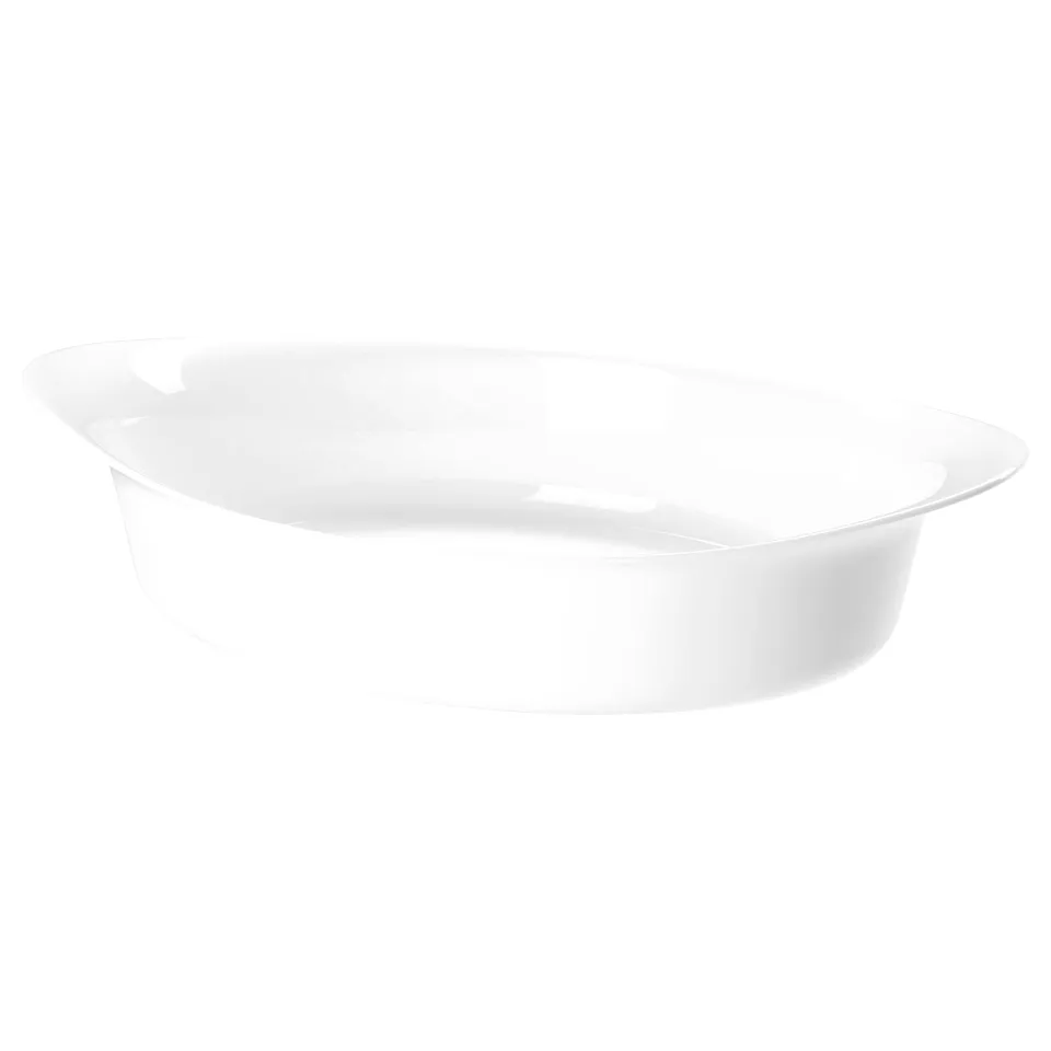 White oval glass dish, simple design, oven-safe.