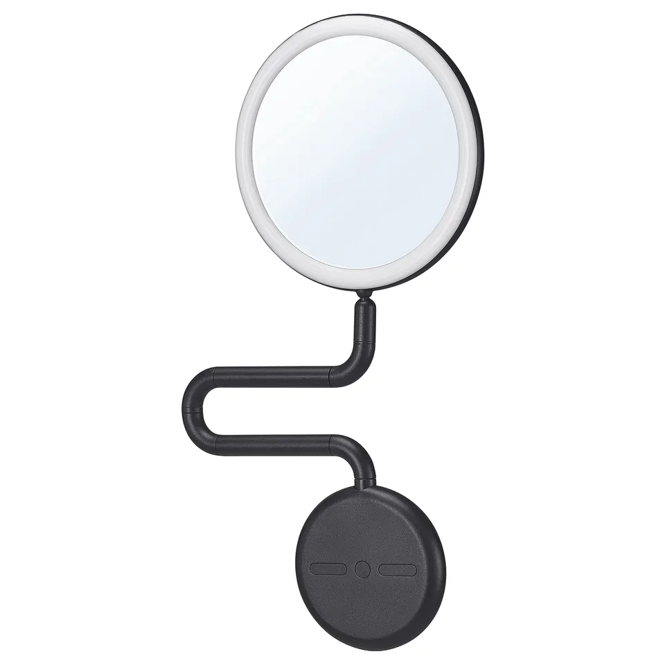 EKFÄNN magnifying mirror - black, curved, usb-c, adjustable light