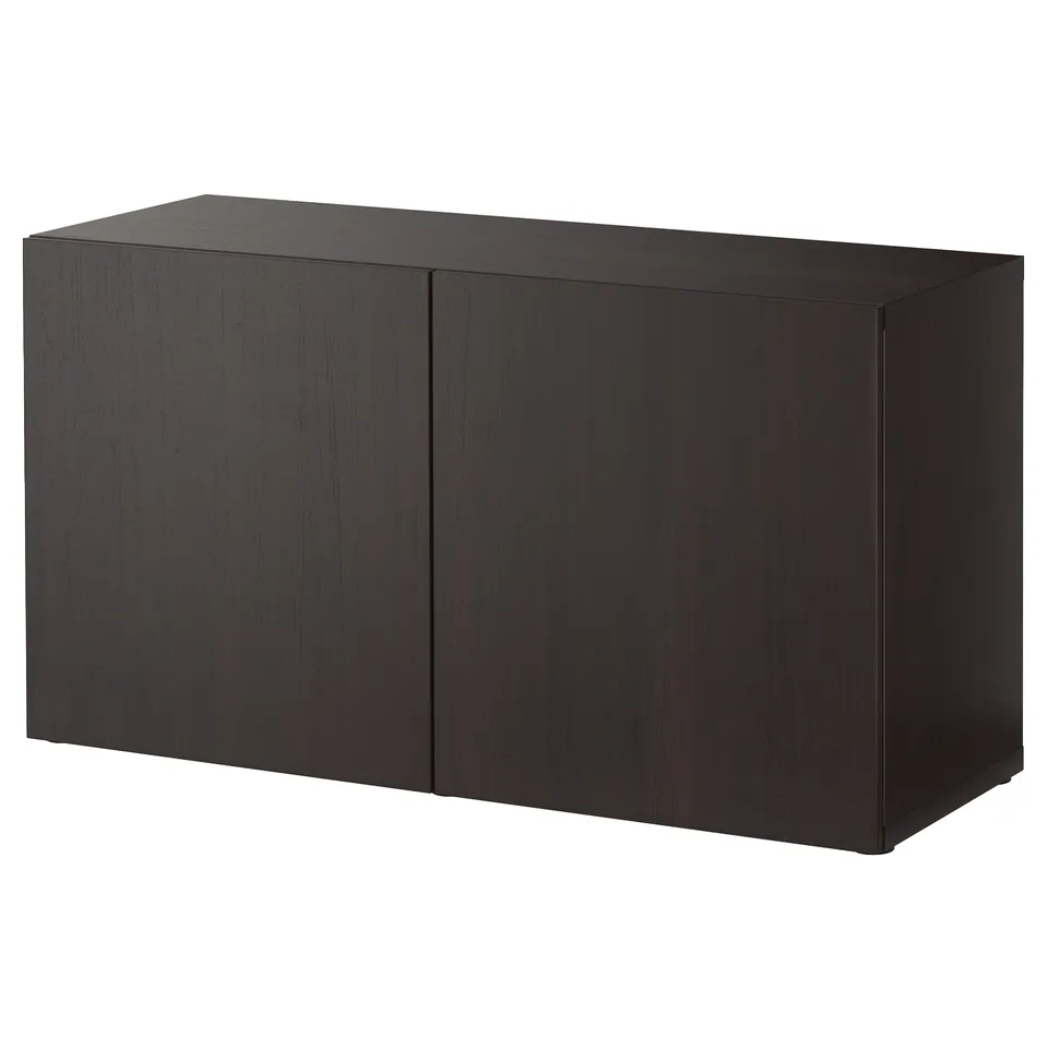 A black BESTÅ cabinet with a sleek, rectangular shape and two doors, made from particleboard and melamine foil.