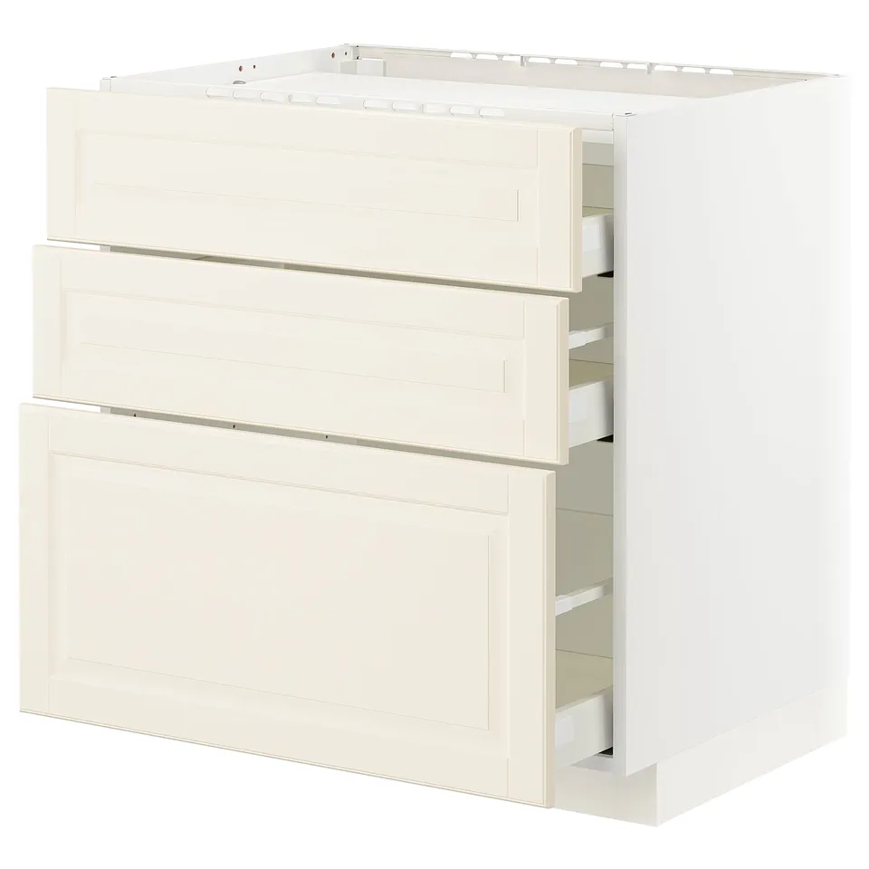 METOD kitchen cabinet in off-white with three drawers and one door, bevelled edges, clean design.