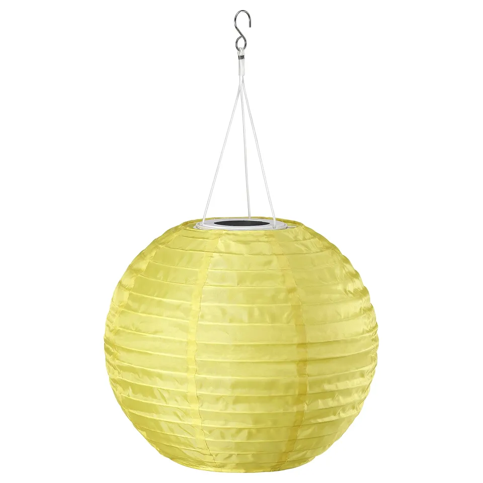SOLVINDEN yellow solar lantern, round, pleated design, hangs from a hook, eco-friendly.