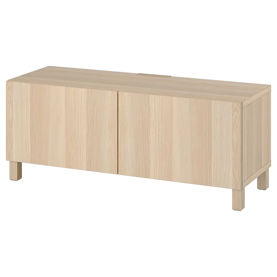 Light wood tv stand: BESTÅ. Two doors, light oak finish, rectangular, adjustable shelves.