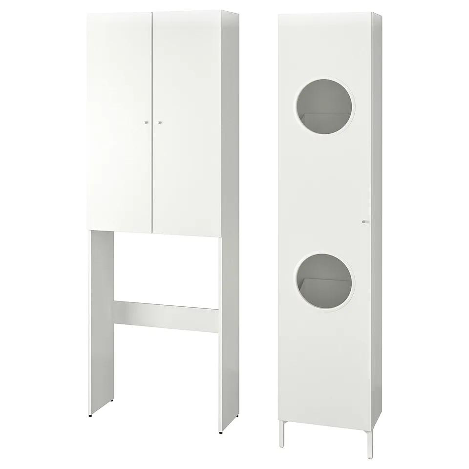 Two white NYSJÖN laundry units: one with doors, one with round cutouts.