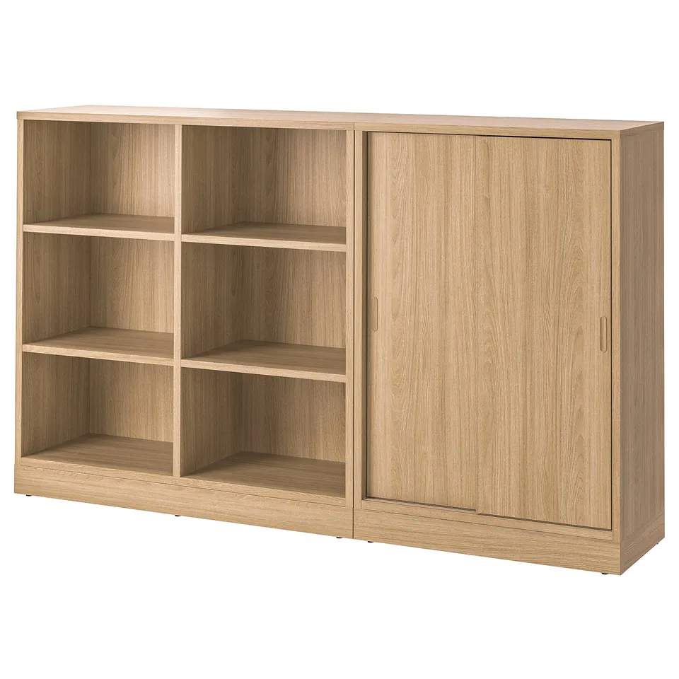 TONSTAD light oak storage furniture with both open and closed compartments, combining unique design and practical storage solutions.