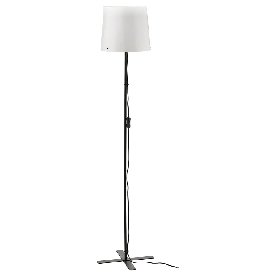 A BARLAST floor lamp with a white shade, black base, and a sleek, modern design.
