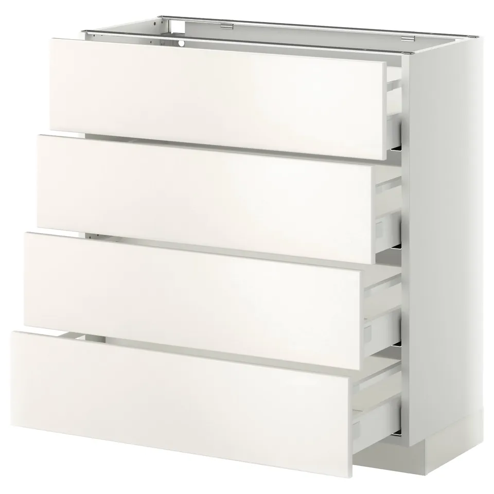 White METOD kitchen cabinet with four smooth drawer fronts, sleek design.