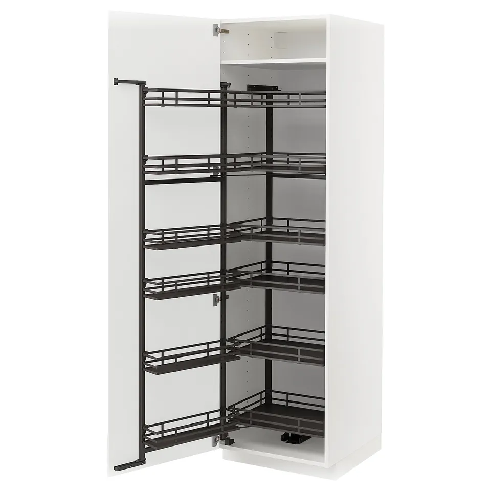 White METOD cabinet with pull-out shelves.