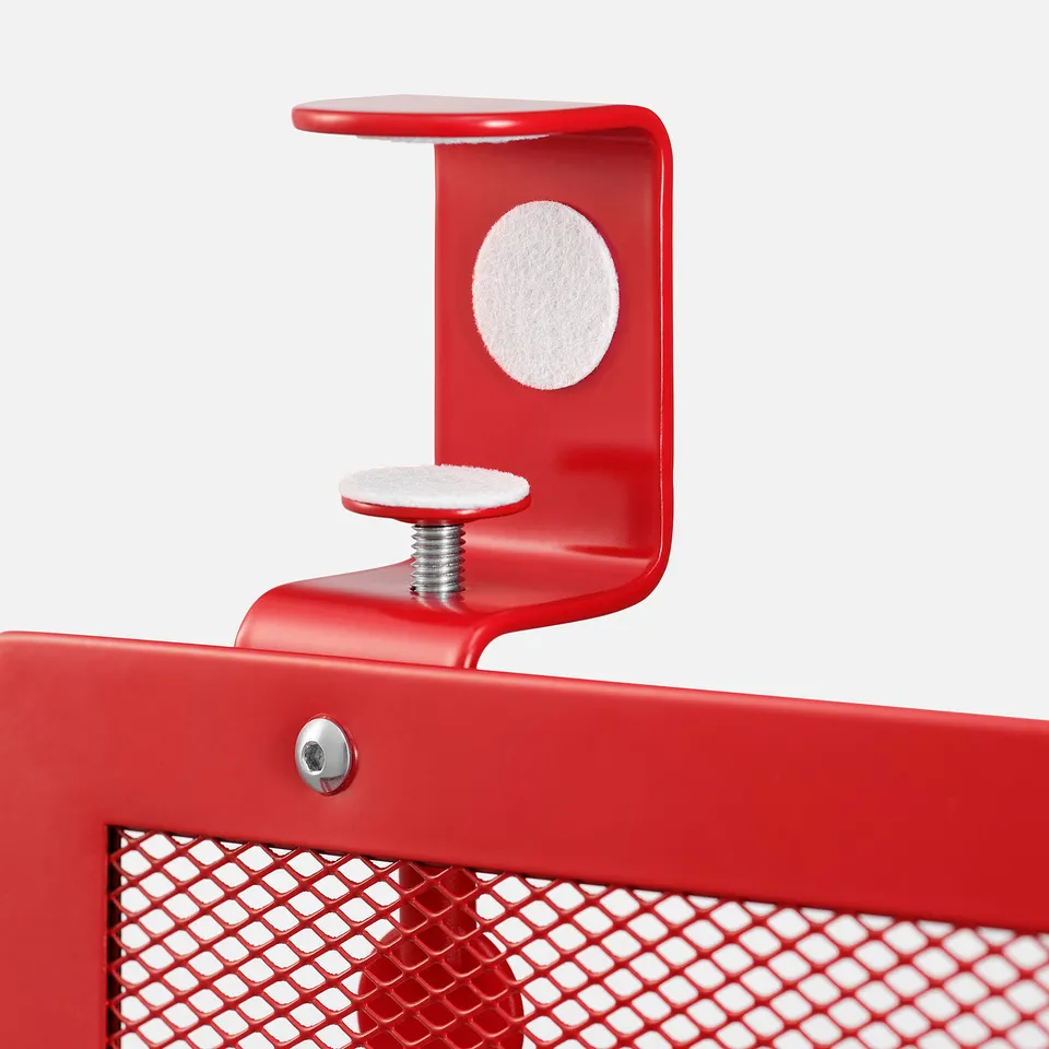 Red metal cable tray clamp with cushion padding. Attaches securely to desks or surfaces.