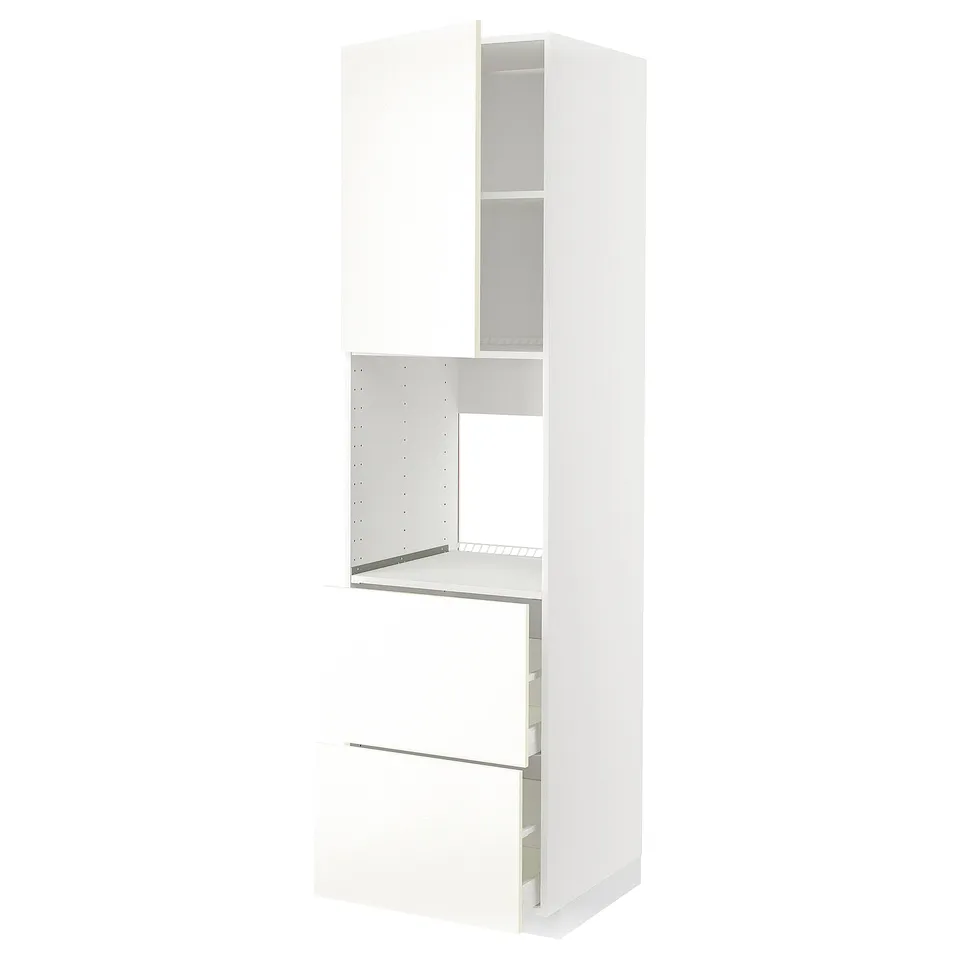 A white METOD kitchen cabinet with a drawer and shelves. It has a modern, minimalist design with a smooth surface and clean lines.
