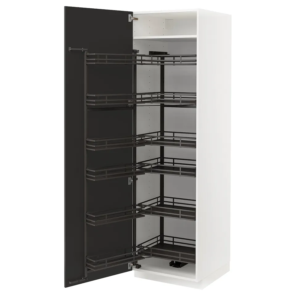 A white METOD kitchen cabinet with black pull-out shelves, featuring a modern design with multiple storage levels.