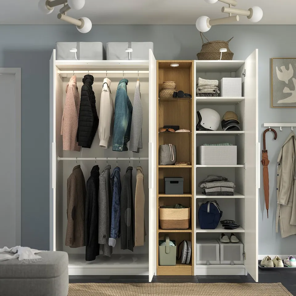 PAX / FORSAND Wardrobe combination, white white/oak effect, 185x60x201 cm