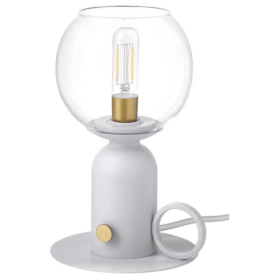 ÅSKMULLER modern lamp, grey, round, glass shade, visible bulb, adjustable dimmer.