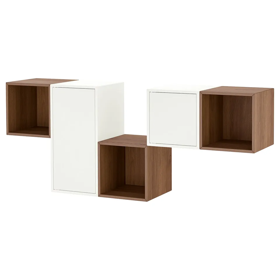 An EKET wall-mounted storage set with cubes in warm oak and white colours, combining open and closed storage for versatile organisation.
