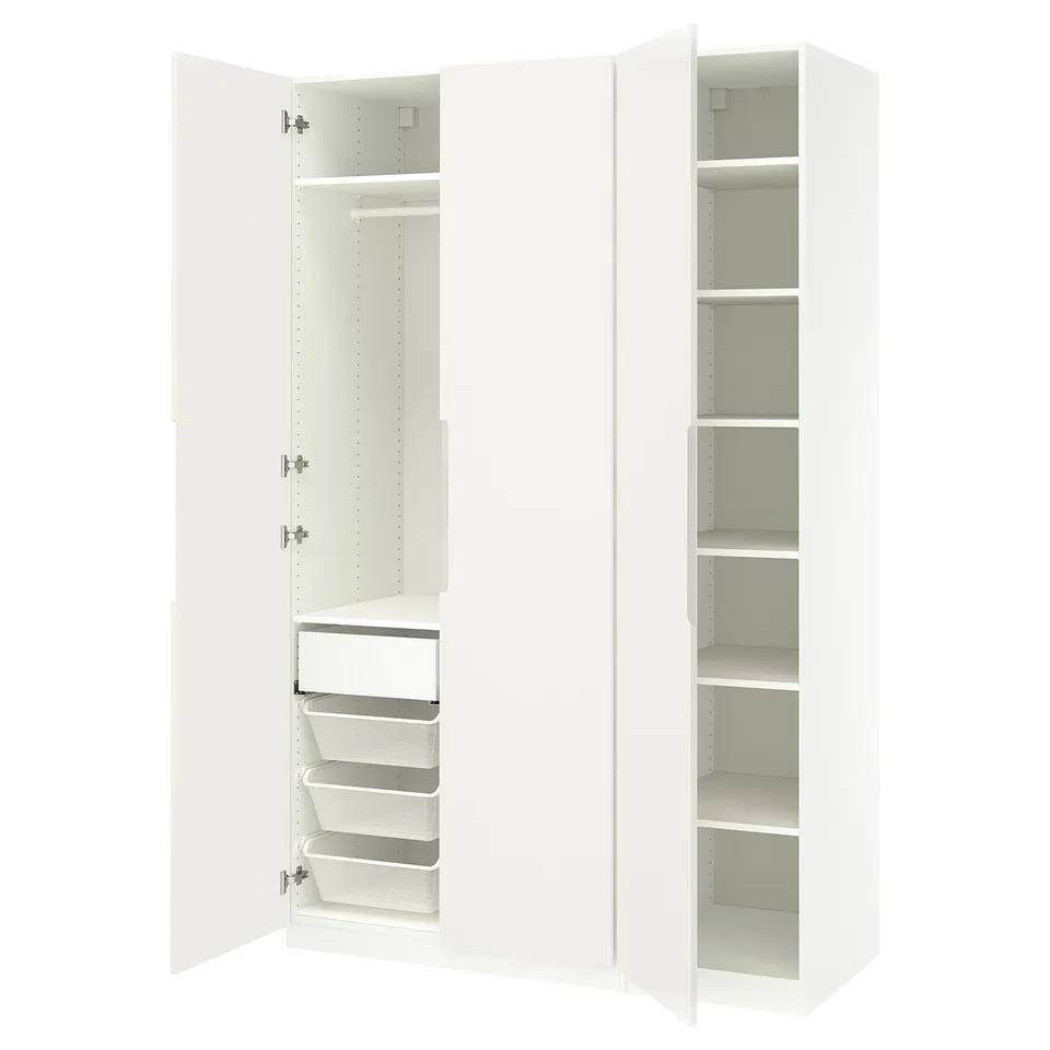 A white ikea PAX wardrobe with open doors, displaying shelves and storage baskets.