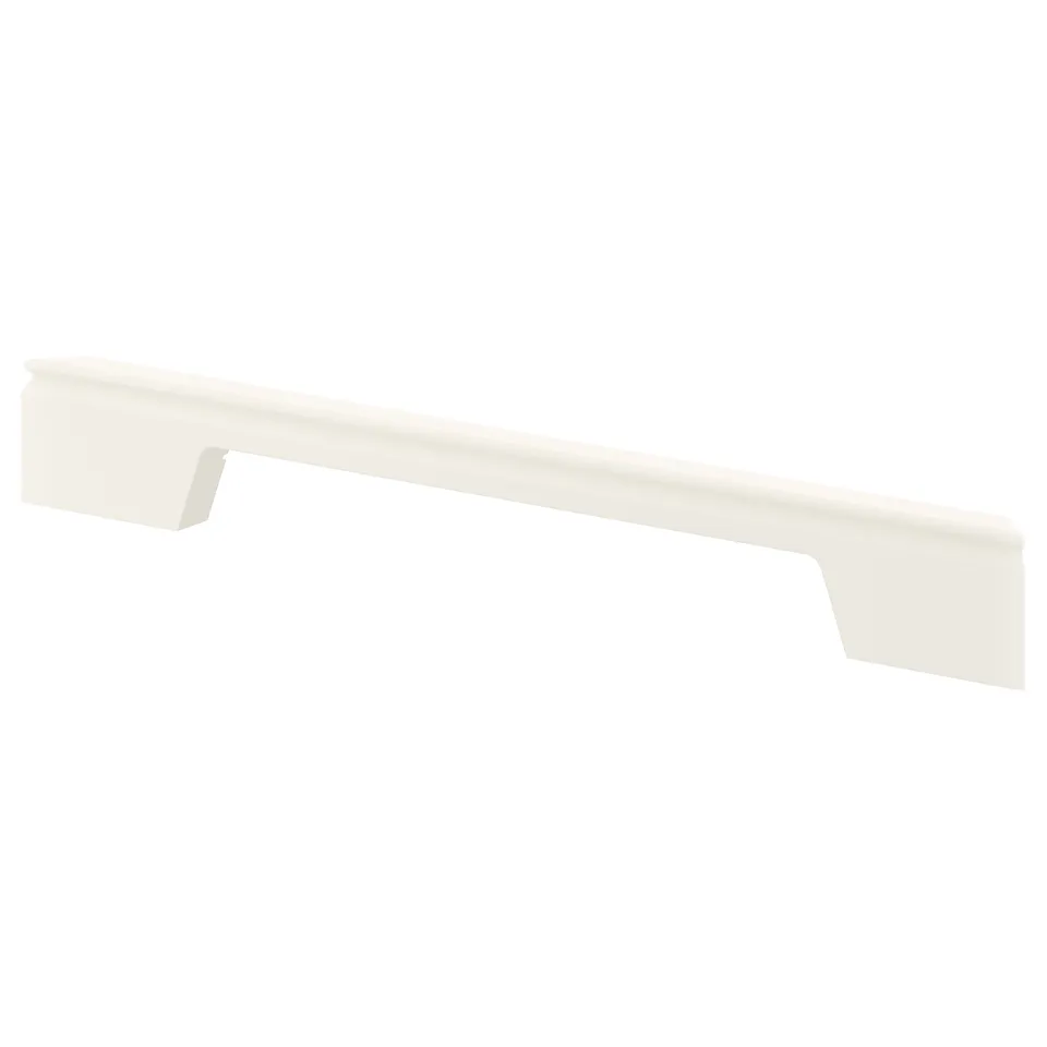 A white kitchen plinth, made of fiberboard with plastic foil. It has a straight design with cut-outs for ventilation or appliances.