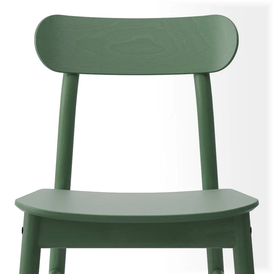 Modern green wooden chair with sleek design, visible wood grain, sturdy construction. Perfect for contemporary spaces.
