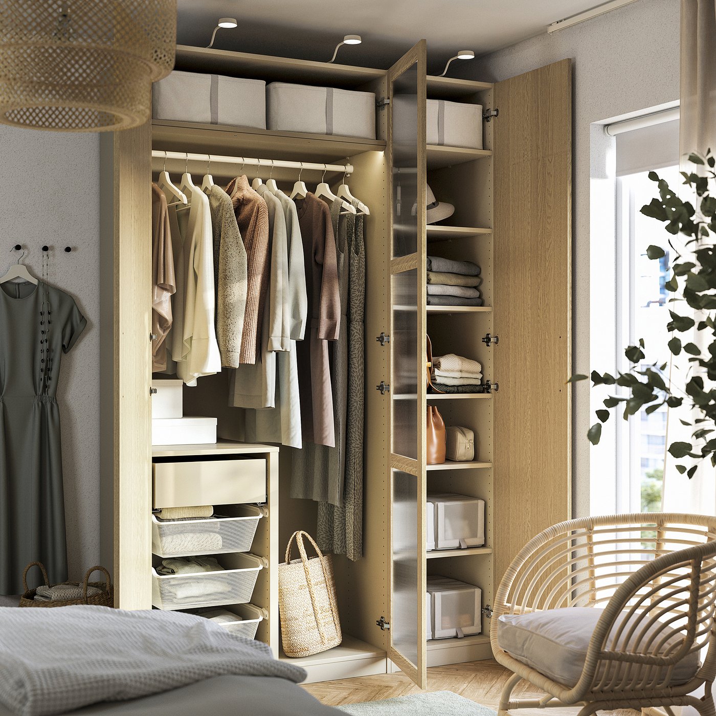 Wooden wardrobe with open door showing clothes and organised storage.