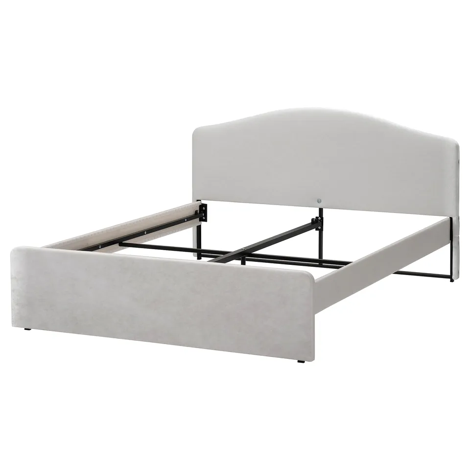 RAMNEFJÄLL bed in light grey, minimalist design, upholstered grey fabric, sturdy metal frame.