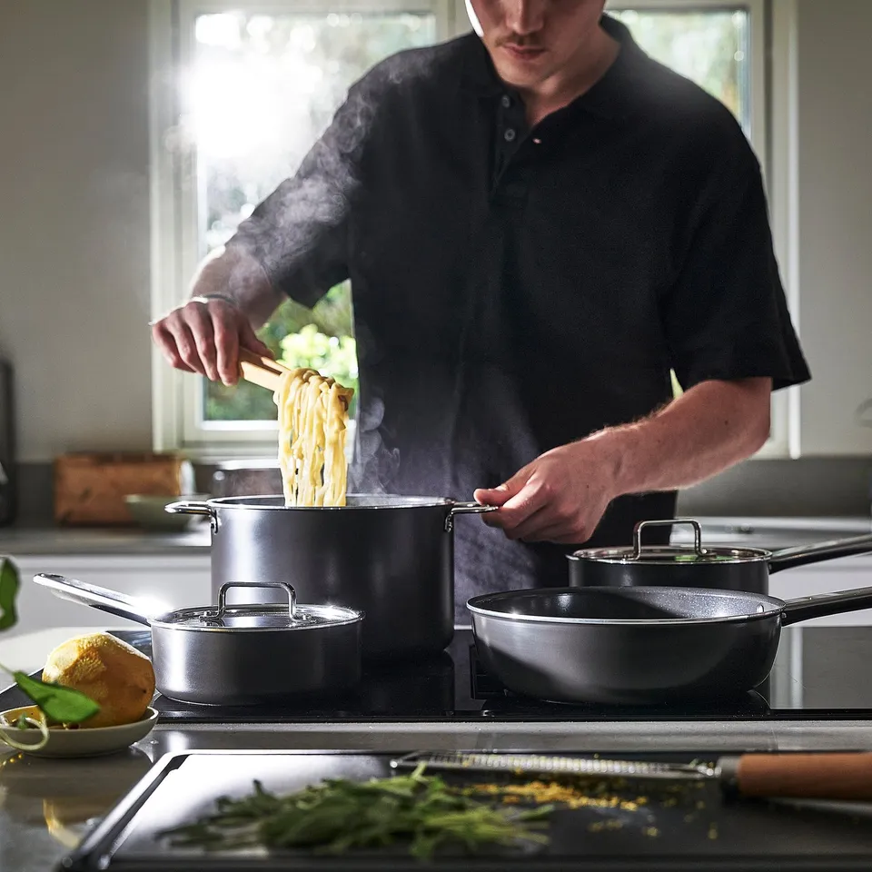 GULDÖRING 8-piece cookware set, non-stick coating stainless steel/black-grey
