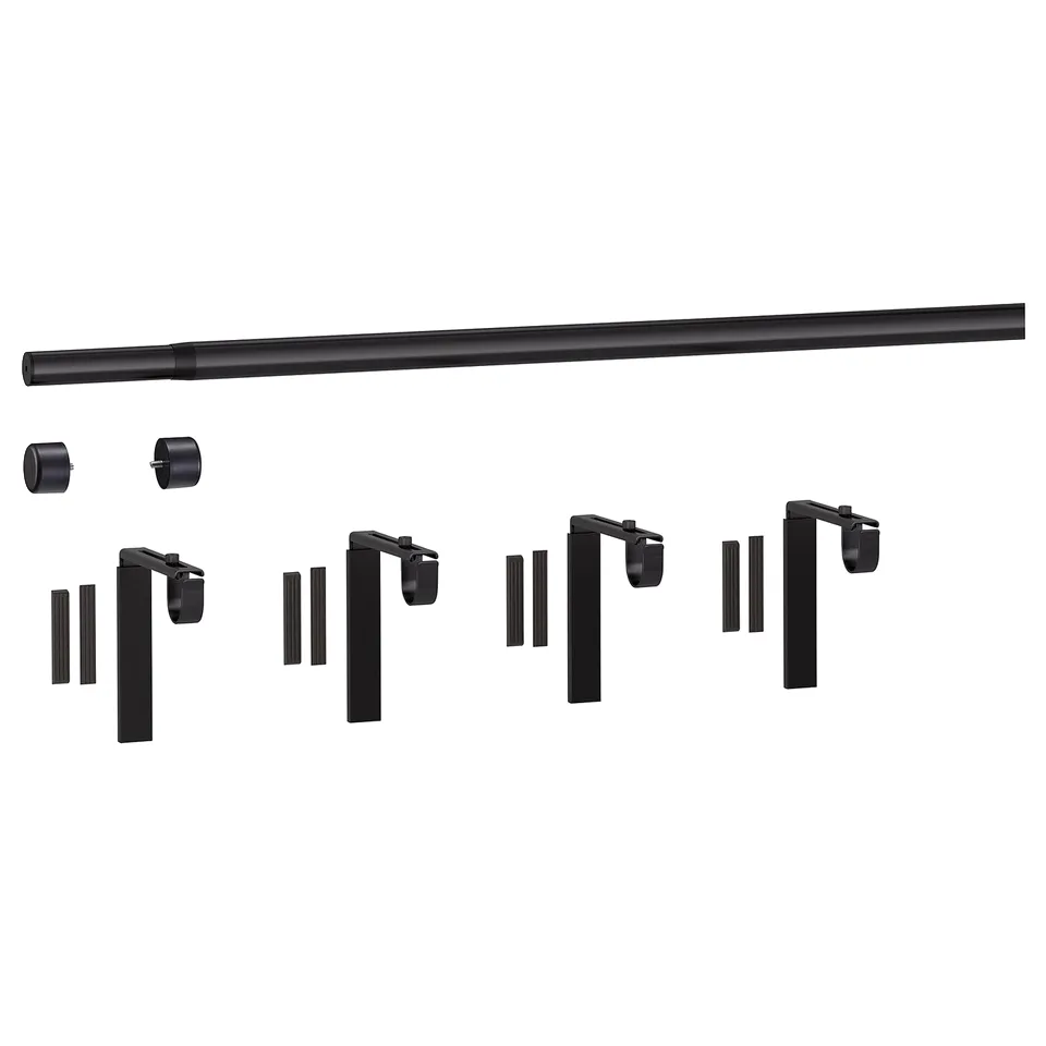 Black HUGAD curtain rod kit: 1 long rod, 4 adjustable brackets, 2 finials, all components in steel, plastic, powder-coated.