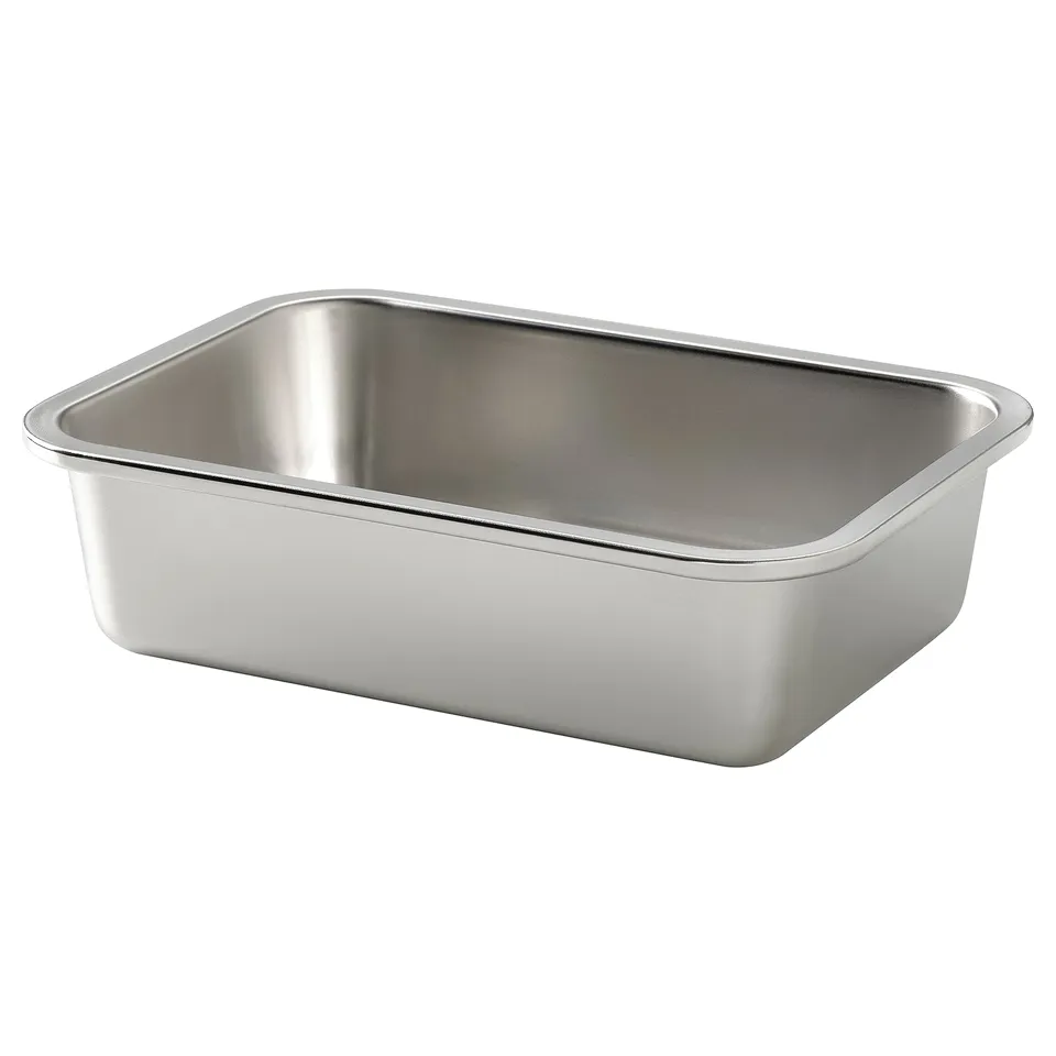 Stainless steel food container from IKEA 365+. Rectangle shape, sleek design. Perfect for storing and heating food.