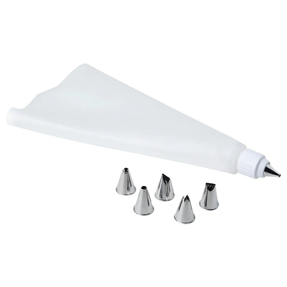 SMAKSAM silicone piping tool set: white, flexible bag with six stainless steel tips for cake decorating.