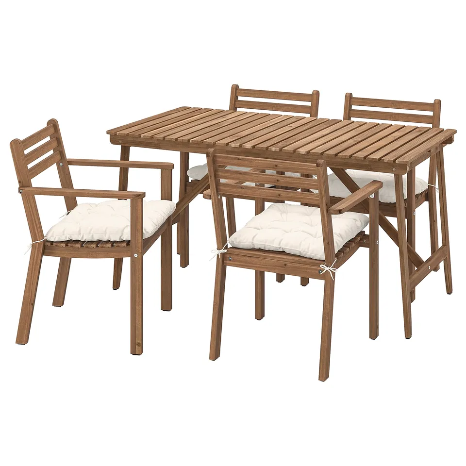 Brown wooden outdoor dining set includes table, four chairs, and cushions.
