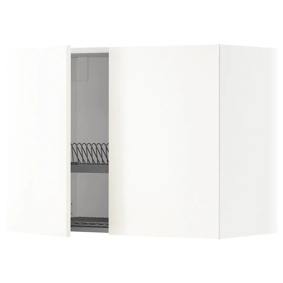 METOD white kitchen unit with vallstena doors, steel rack, plastic edges.