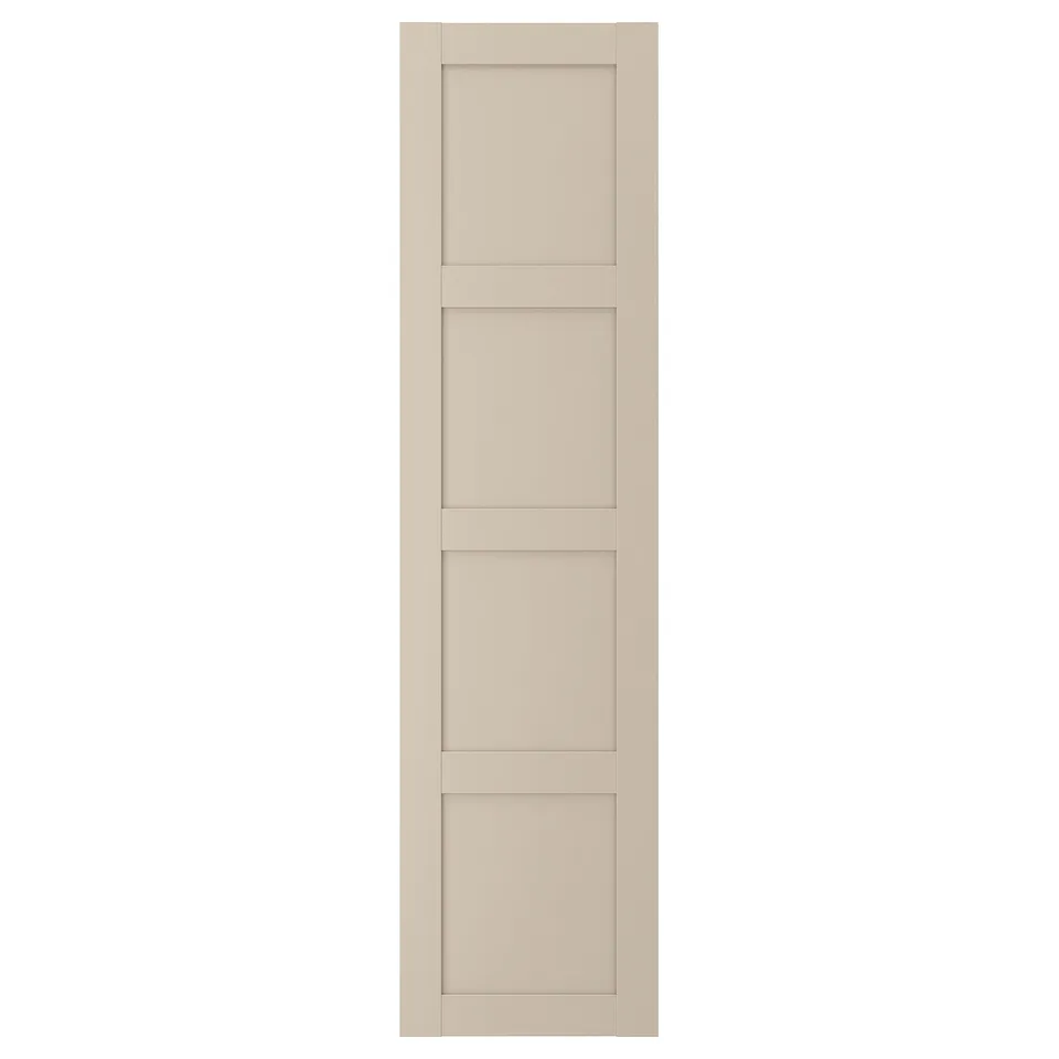 A BERGSBO door in beige with a four-panel design. It has a semi-matte finish and is made of fibreboard with paper foil.