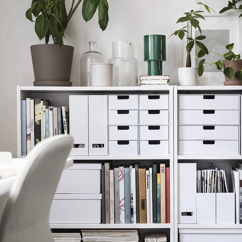 Organised desk with FJÄDERHARV mini chest, books, and plants.