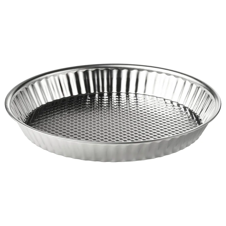VINTERROCKA pie dish, stainless steel, round, fluted rim, textured base.