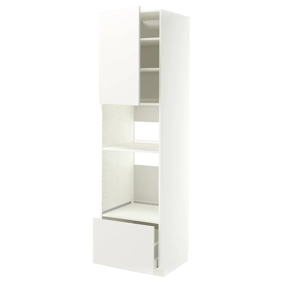 A white METOD kitchen cabinet system with adjustable shelves and drawers. It has a sleek, modern design suitable for a minimalist kitchen.