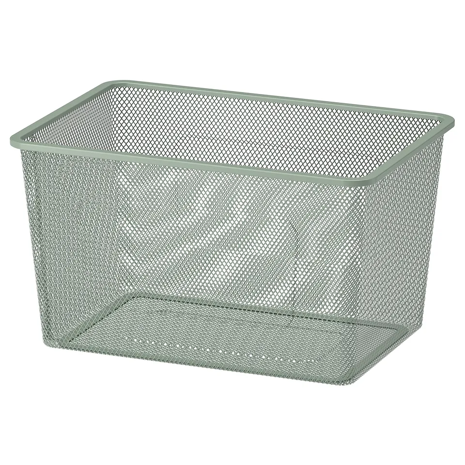 A TROFAST mesh storage basket in green. Its rectangular, made of steel with a powder coating, featuring a grid design. Ideal for organising items.