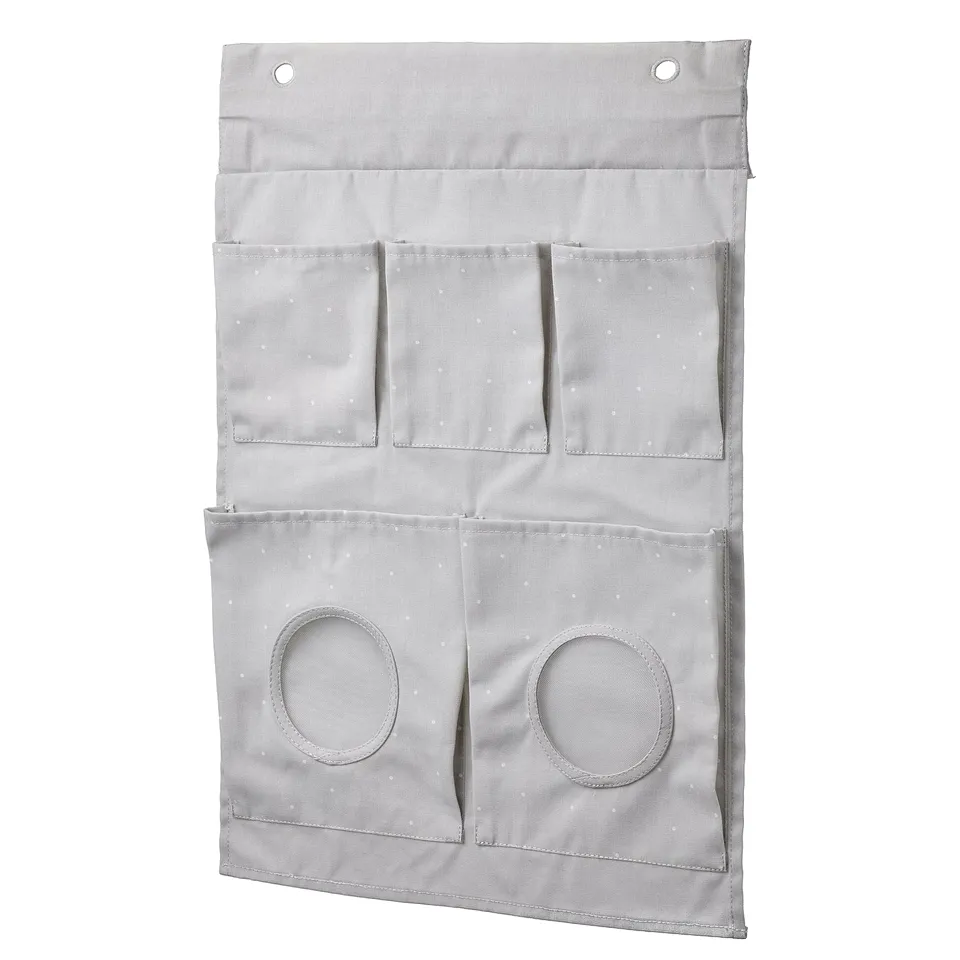 Grey hanging organiser with recycled polyester. Perfect for bath essentials. Wall or table mount.