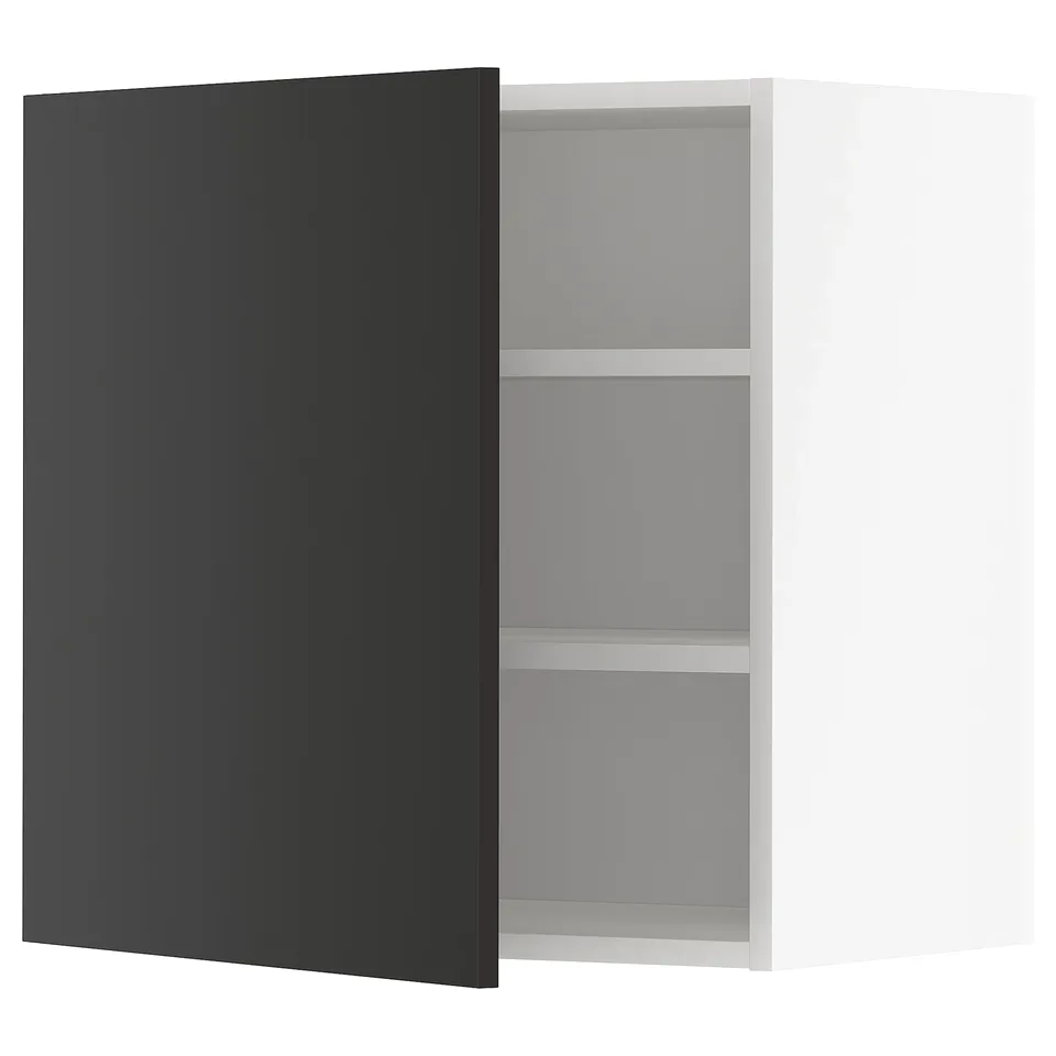 Black METOD kitchen wall cabinet with two shelves.