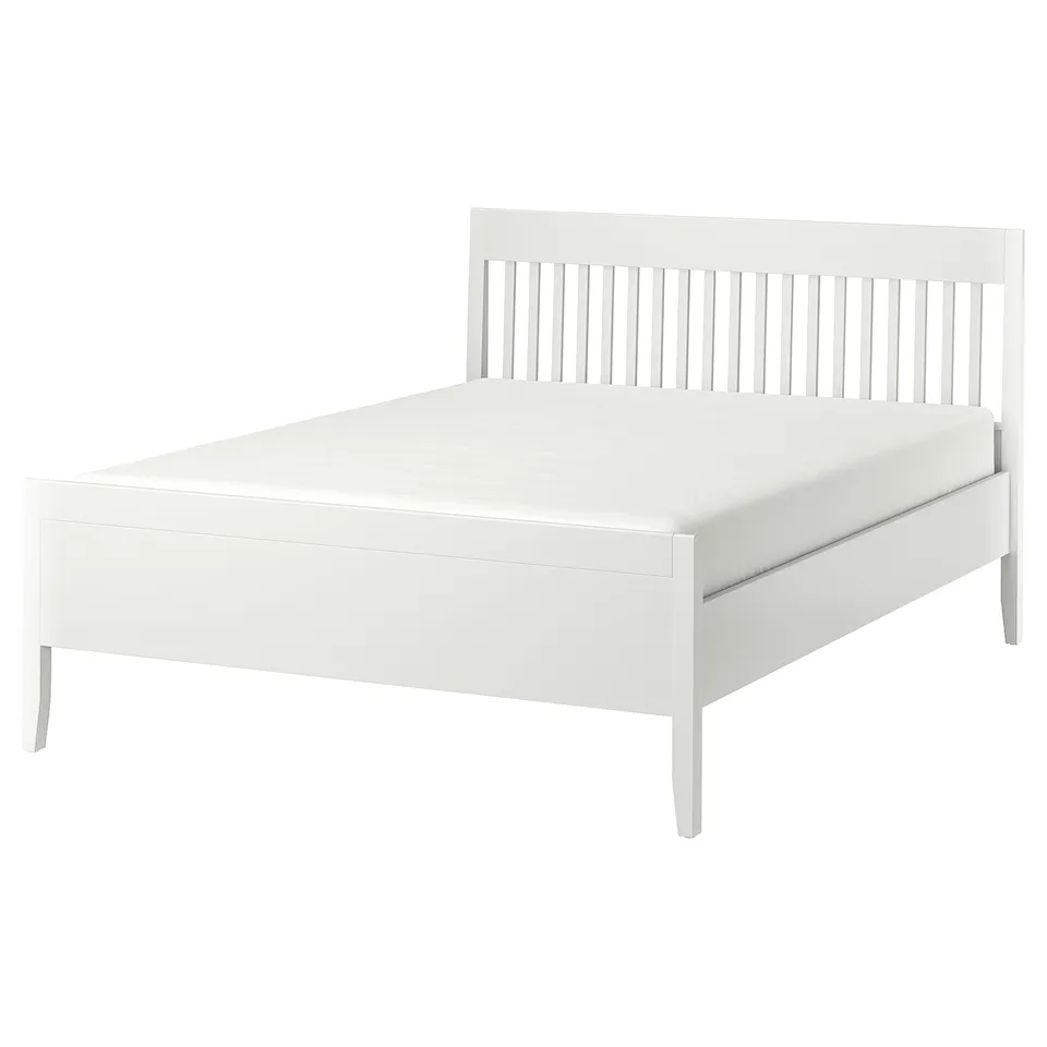 White IDANÄS bed, wooden, rectangular, clean design, minimalist style, with headboard and footboard.