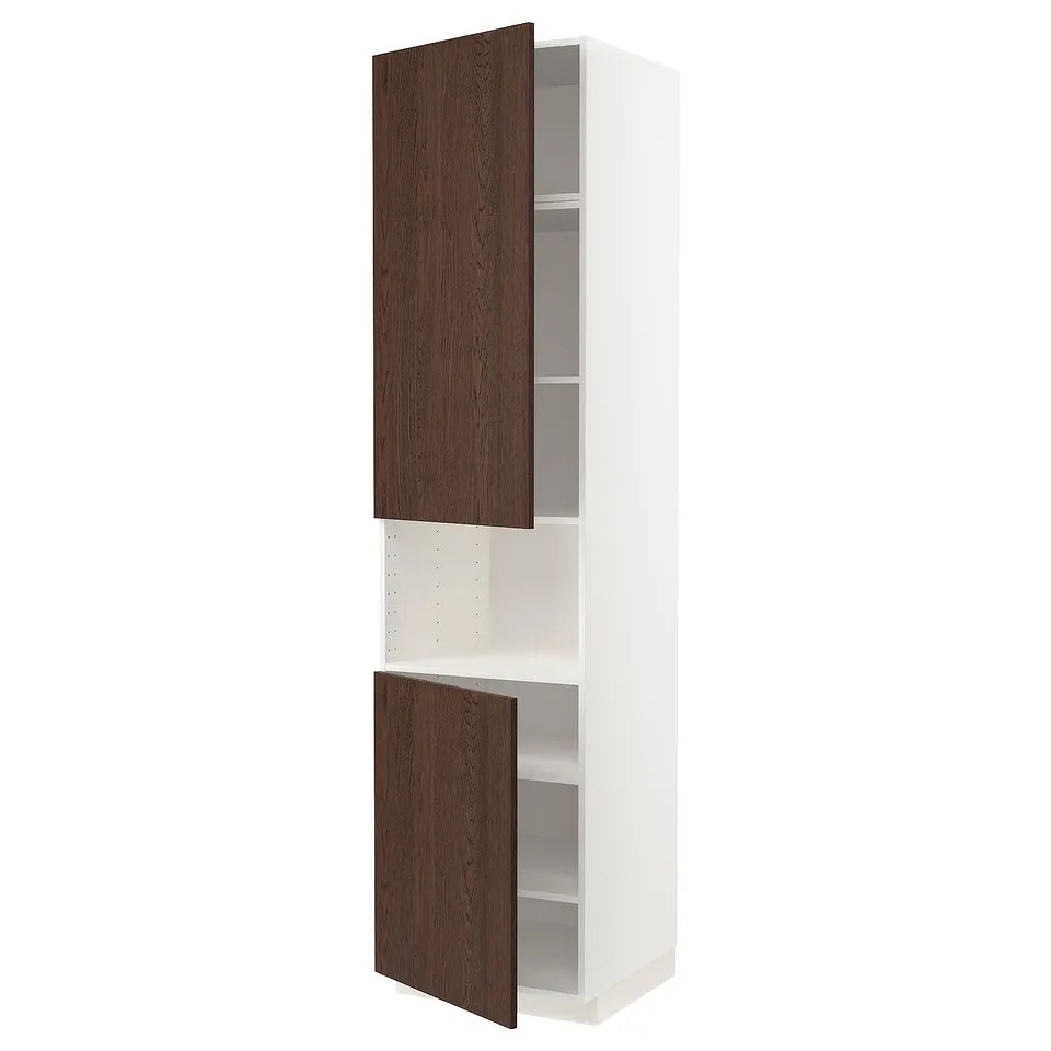 White METOD kitchen cabinet with dark brown sinarp doors and adjustable shelves.