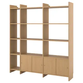 LÅDMAKARE storage combination w sliding doors, with 11 shelves/oak effect, 198x35x212 cm