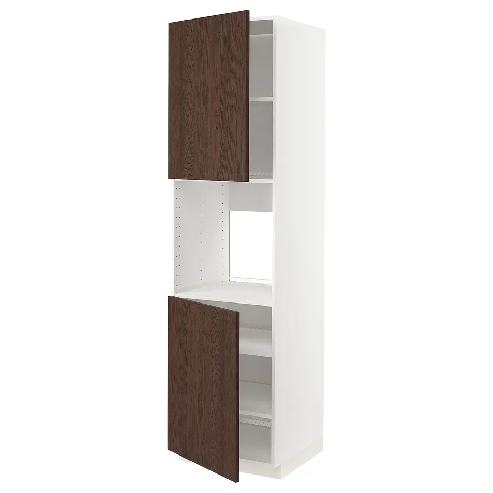 Ikea METOD kitchen unit. Tall white cabinet with dark brown doors, open design.