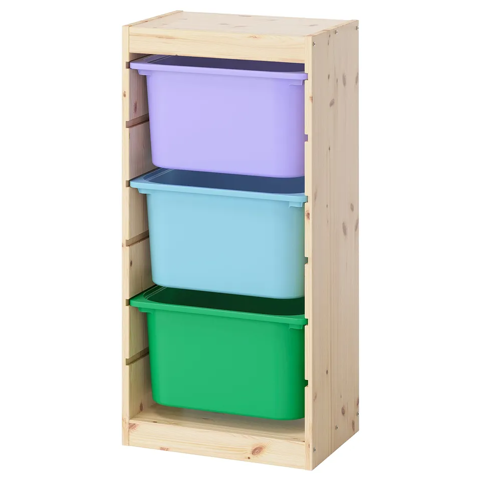 IKEA TROFAST storage unit with purple, blue, and green bins in wooden frame.