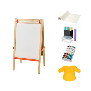 MÅLA set: easel + drawing paper roll + chalks + whiteboard pen with holder/eraser + apron with long sleeves