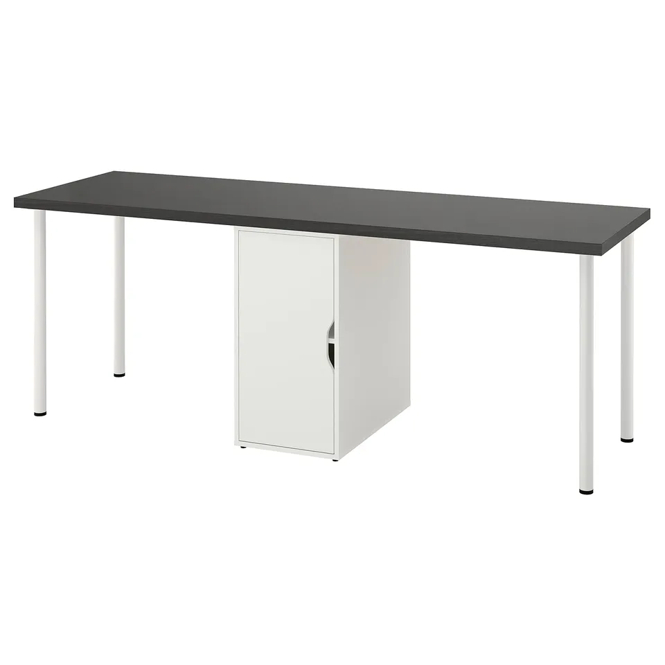 LAGKAPTEN desk with black top, white cabinet, and metal legs.