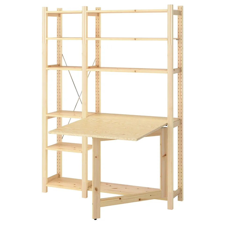 IVAR wooden shelf and table combo, natural finish, rectangular shape, sturdy build.